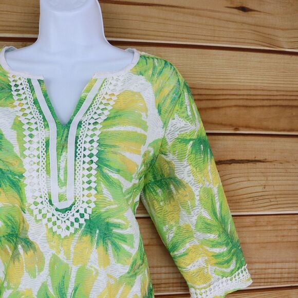 Alfred Dunner Blouse Womens PM Green White Leaves 3/4 Sleeves Embroidered Trim - Picture 5 of 6